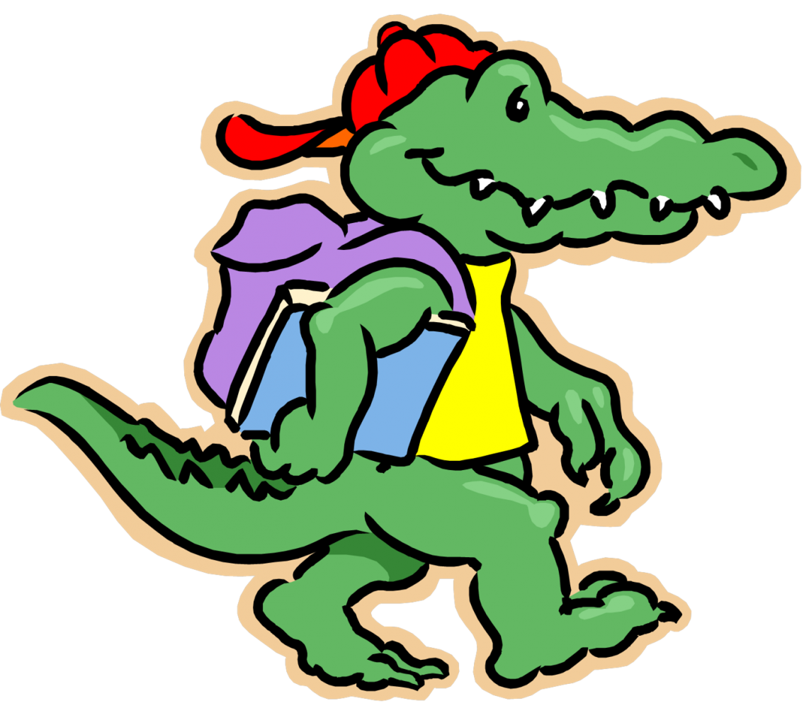 Logo des Kinder- und Jugendbüros: Krokodil mit Schirmmütze, Rucksack und Buch unter dem Arm.